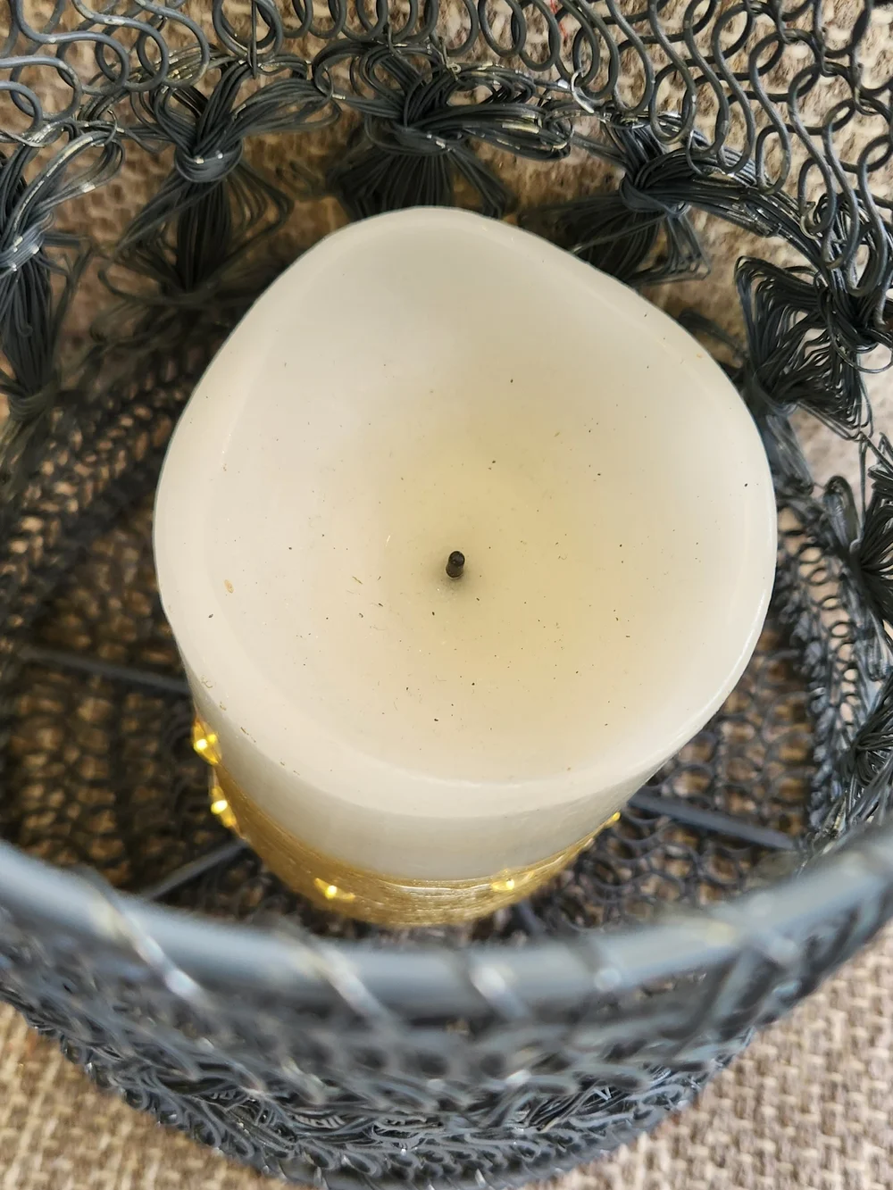 Decorative Gray Wire Lantern with Gold Candle Accent
